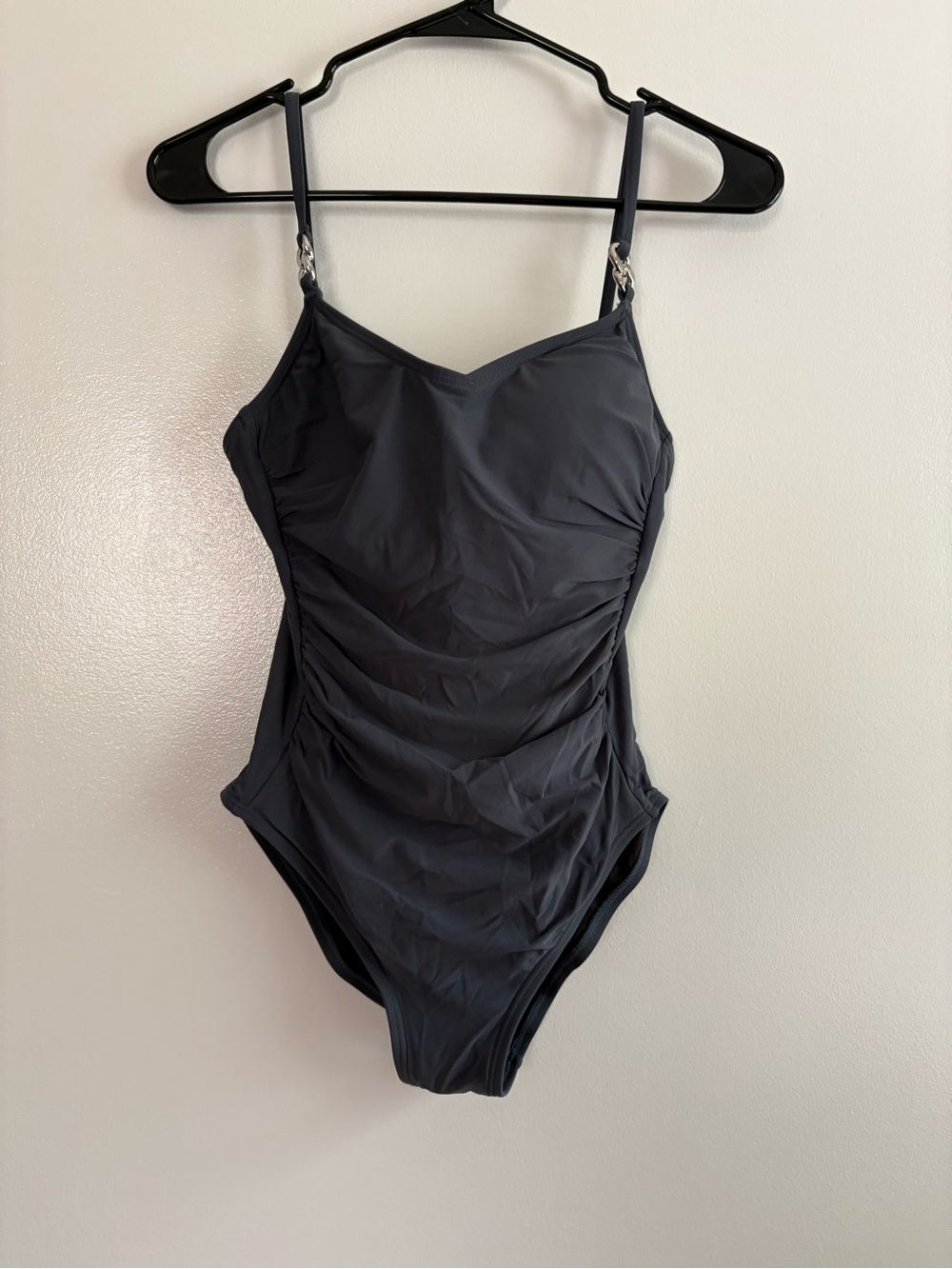 Michael Kors Gunmetal Gray Ruched One-Piece Swimsuit with Gold Hardware Size 10
